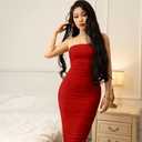 GOKATOSAU Women's Summer Strapless Mesh Bodycon Split Ruched Midi Party Dress Red (Red, L)