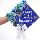 Gilprop 56 Pcs Graduation Grad Cap Decorations Kit DIY Glitter Card Stock Construction Paper Bow Artificial Flower Heads 3D Butterfly Rhinestones Letter Stickers Adhesive Dots for Grad Hat(Blue)