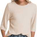 Women Fall Sweaters 3/4 Sleeve Loose Fit Tunic Tops Crewneck Dressy Casual Oversized Business Blouses 2026 (Beige, M)