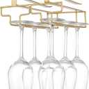Wine Glass Rack Under Cabinet, Drilling Free No Screw Steamware Holder Under Shelf Metal Wine Glasses Holders 304 Stainless Steel Hanger Storage Organizer Hanging Glass Fit for Bar Kitchen 2 Rows Gold