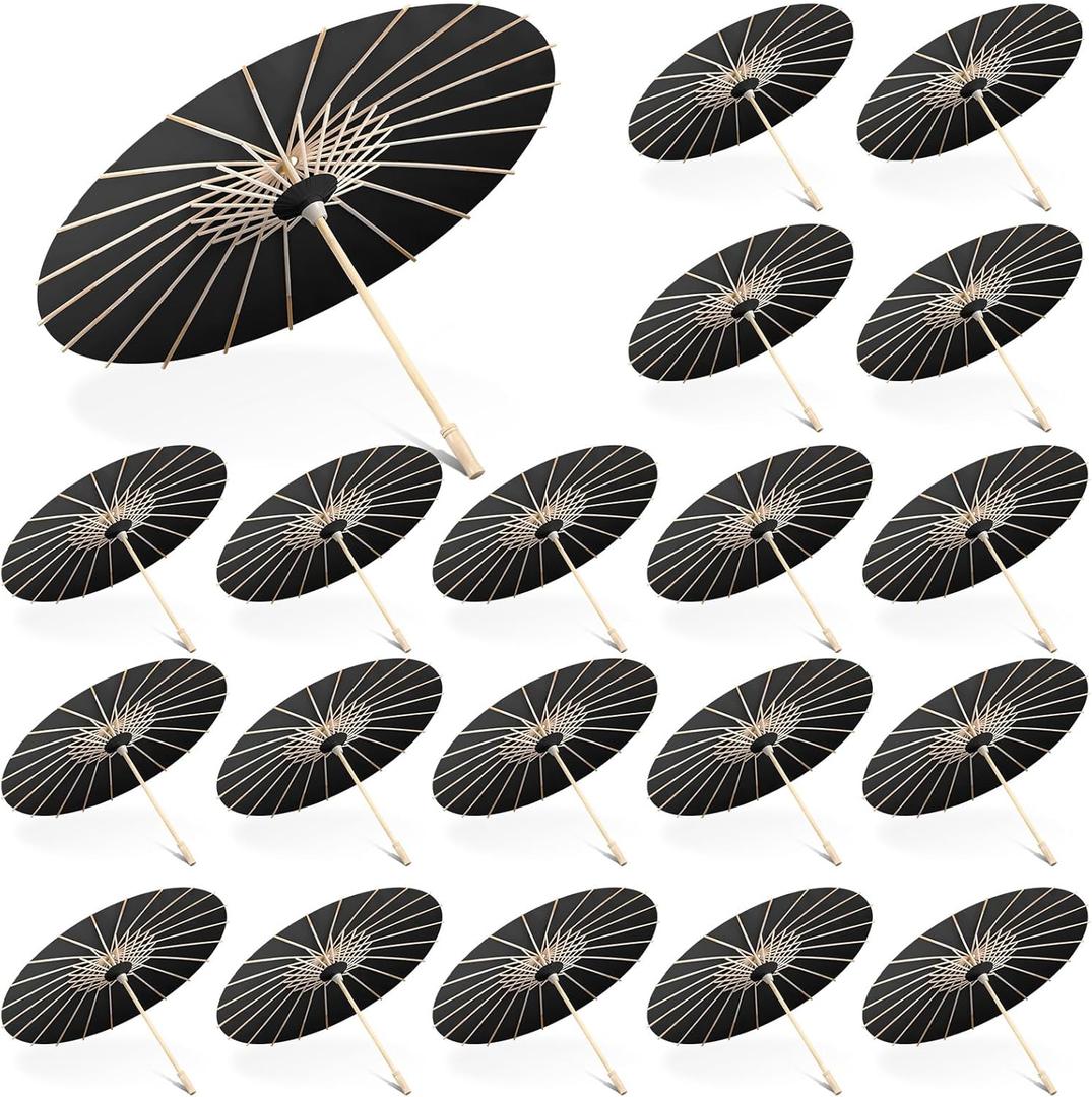 Sanwuta 20 Pcs 23.6'' Paper Parasol Umbrellas Chinese Japanese Oil Paper Parasols Handmade for Wedding Guest DIY Photo Props (Black)