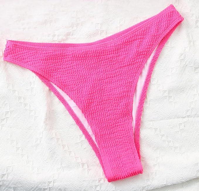 YMISAN Women's Bikini Swim Bottom Briefs Ribbed High Cut Mid Waist Cheeky Bathing Suit Bottom (Medium,Hot Pink)
