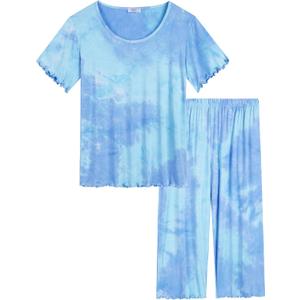 Joyaria Cooling Pajamas for Women Bamboo Viscose Pjs Capri Pants Short Sleeve Sleepwear with Ruffle Trim (Medium, Tie Dye)