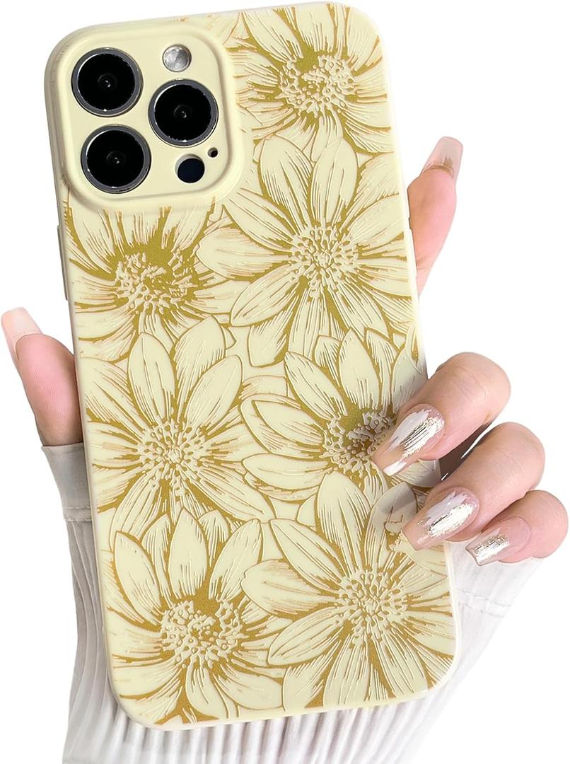 NITITOP Compatible with iPhone 13 Pro Max Case Silicone Cute Flower Floral Sunflowers Pattern for Women Girl Trendy Slim Fit TPU Silicone Shockproof Full Camera Protection Cover - Yellow