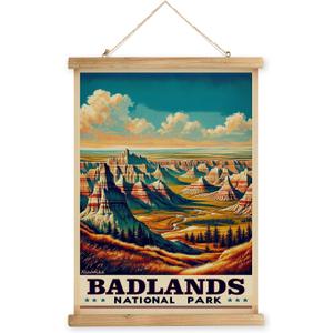 XIAOAIKA Vintage Badlands National Park Travel Poster with Wooden Scroll Frame – Holiday Decoration or Gift for Living Room, Bedroom, Office Wall Decor, Retro Art Print 20 x 30 Inches
