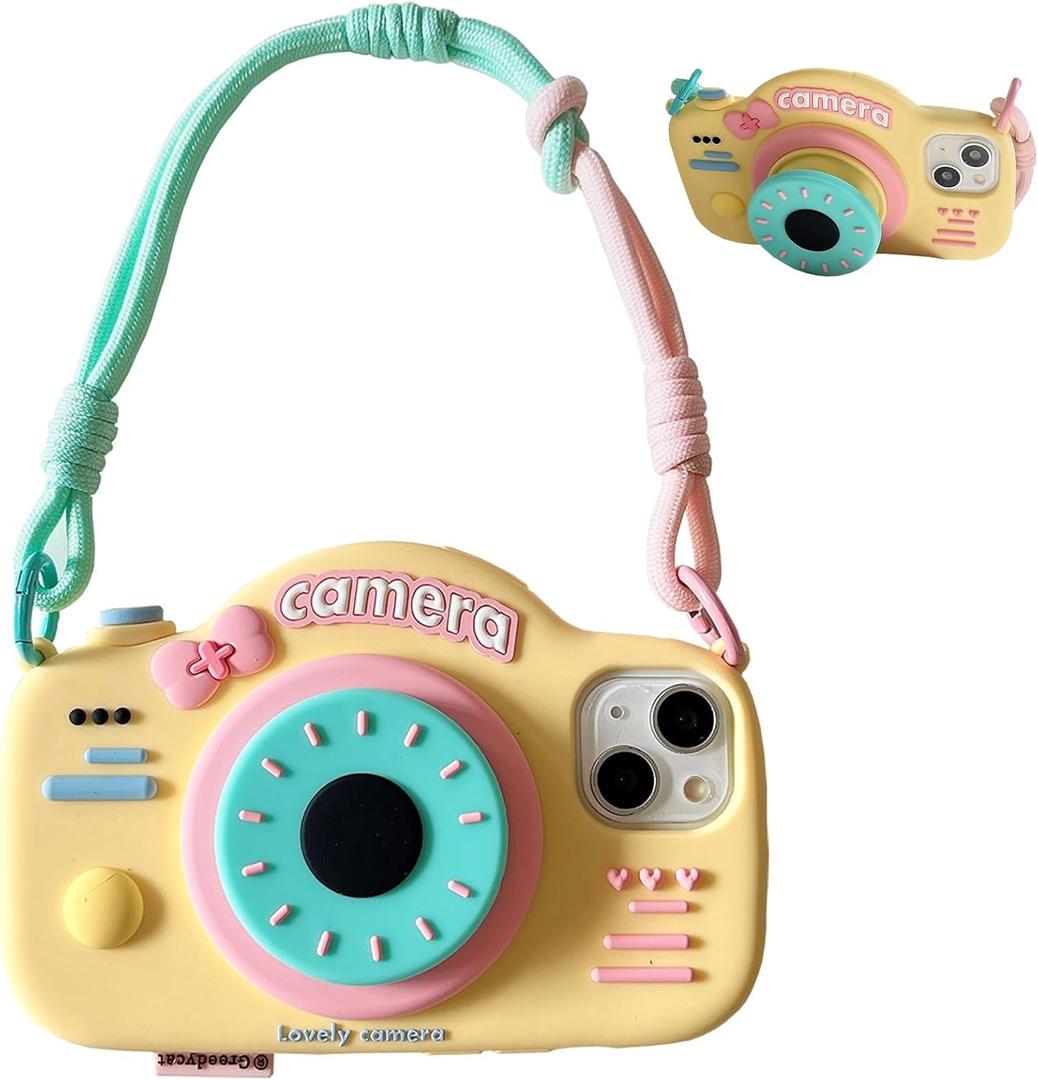 Bracket Phone Case Compatible with iPhone 17 Pro MaxCute 3D Cartoon Camera Holder with Wrist Strap Funny Soft Silicone Shockproof Protective Cover for Women Girls