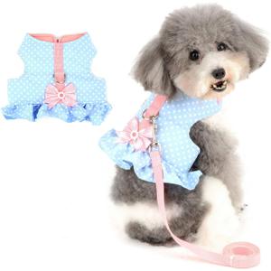 Zunea No Pull Small Dog Girl Harness Dress Escape Proof Cat Kitten Vest Harness Leash Set Step-in Soft Cotton Padded Polka Dot Jacket Chihuahua Puppy Clothes with Cute Bow for Walking Blue S (S (Chest:14.5-15.7", Neck:9-9.8"))