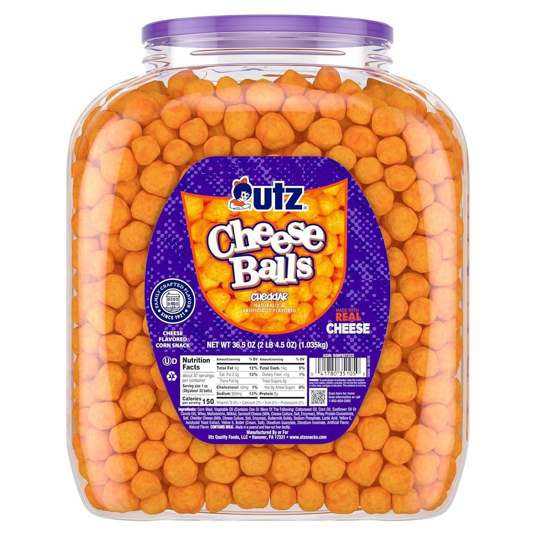 Utz Cheese Balls Barrel, Tasty Snack Baked with Real Cheddar Cheese, Delightfully Poppable Party Snack, Gluten, Cholesterol and Trans-Fat Free, Kosher Certified, 36.5 Oz (EXP 08/17/26)