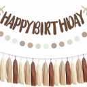 Brown Tan Beige Boho Happy Bithday Sign Banner Nude Neutral Party Tassel Garland Circle Dot Hanging Paper Streamers Backdrop Teddy Bear 1st 2nd Birthday Party Nursery Dcor