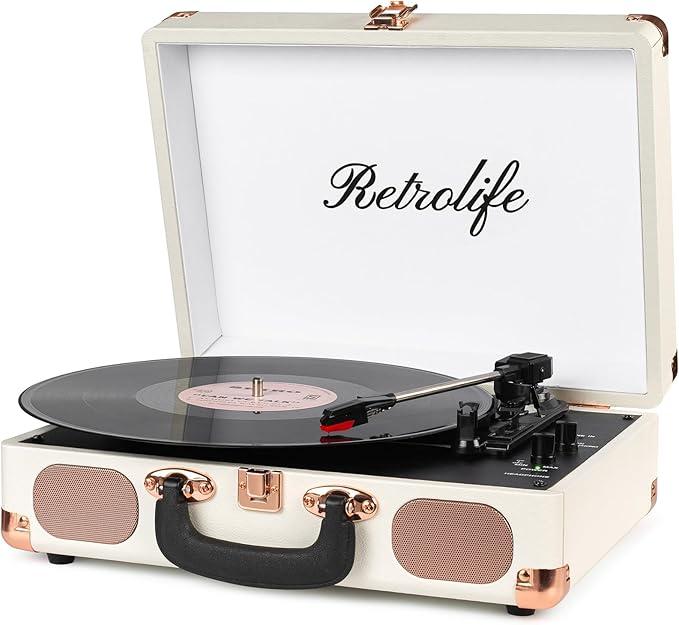 Turntable Vinyl Record Player 3-Speed Suitcase Portable Belt-Driven Record Player with Built-in Speakers RCA Line Out AUX in Headphone Jack Vintage White