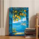 Vibrant vintage window canvas painting frame lemon tree branches with yellow fruits turquoise ocean waves white village red roofs in the distance scattered clouds coastal scenery tranquil home decor
