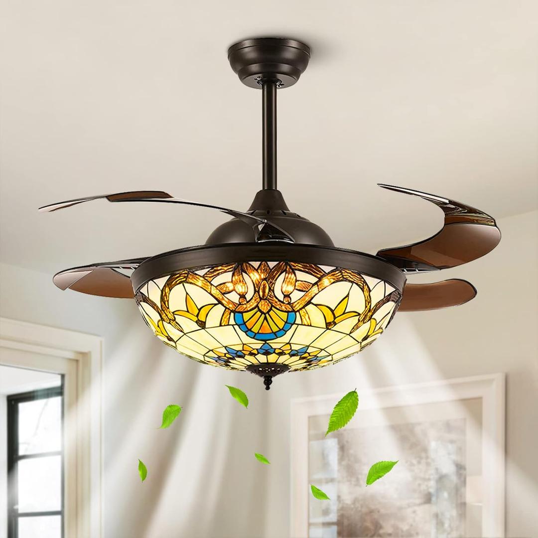 42" Tiffany Ceiling Fans with Lights Stained Glass Ceiling Fan Retractable Chandelier Fan with Remote Control Dimmable with 4 Reverse Blades for Bedroom, Living and Dining Room