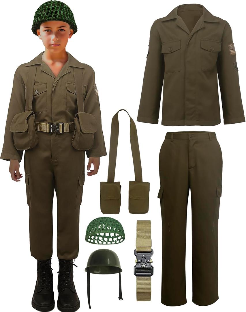 Kids WW2 Soldier Costume Boys Girls Field Jacket Cosplay Helmet Belt Haversack 6 Pcs Set for Halloween, 9-10Y