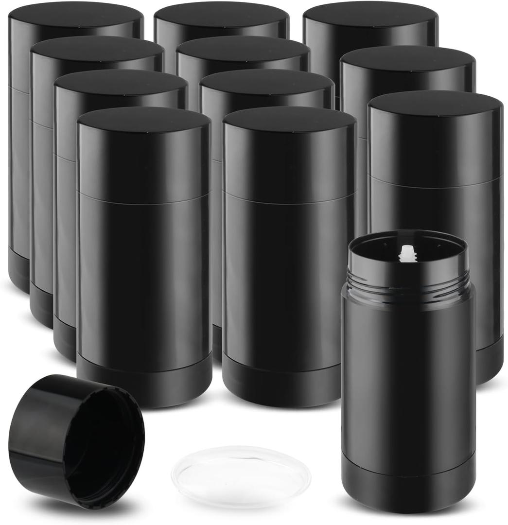 12 Pack 2.5 oz/75ml Plastic Deodorant Container,Empty Round Twist-Up Bottom Filling Stick Tube for Deodorant,Solid Lotion Bar,Body Balm,Soap Stick,Sunscreen-UPSIDE DOWN FILLING (Black)