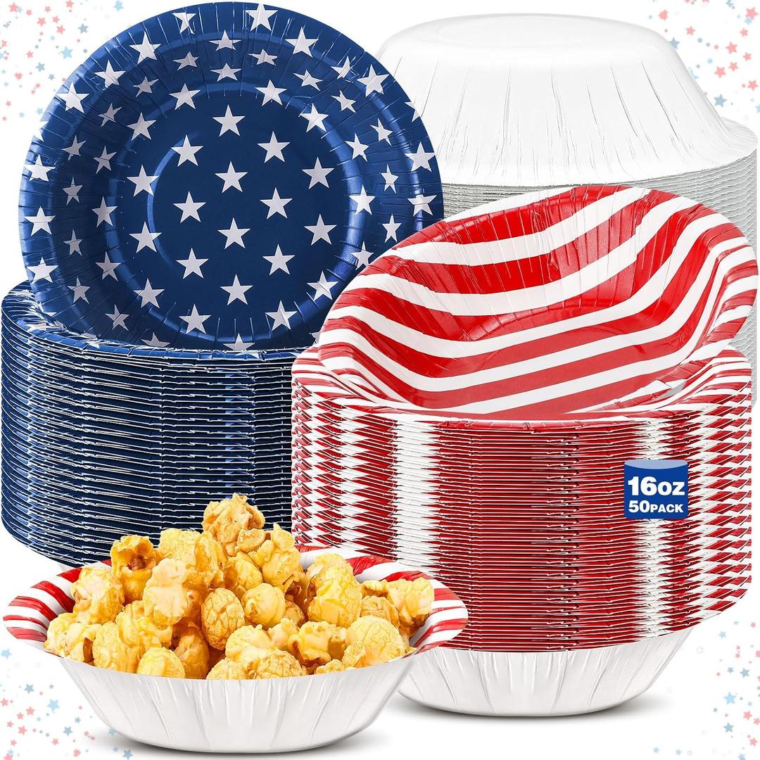 Sliner 50 Pcs 16 oz Patriotic 4th of July Disposable Paper Bowls 2 Styles Memorial Day American Flag Compostable Soup Bowl Party Favor for 250th Anniversary Hot Soup Snack Salad Serving Supplies