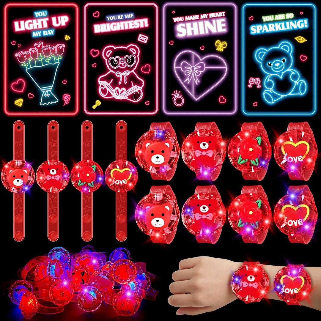 Valentines Day Cards Gift for Kids School, 24 Pack LED Light Toys with Valentines Greeting Cards, Glow in the Dark Lighting Bulk Toy for Valentines School Classroom Exchange Prizes Party Favors