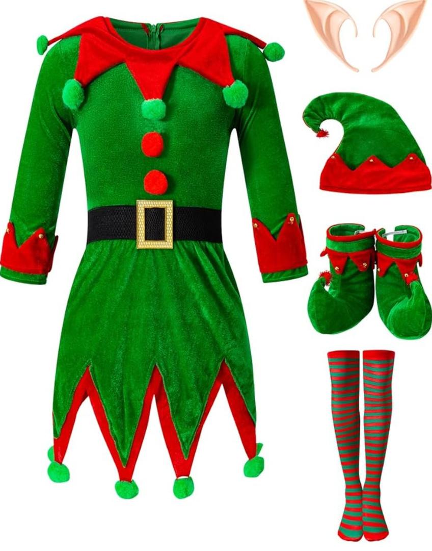 Christmas Elf Costume Set Dress Santa's Helper Xmas Outfit with Hat Ears Belt Socks Shoes 12Y L