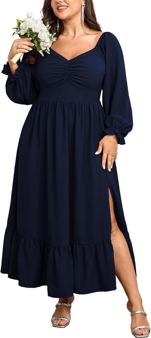 SCOMCHIC Womens Plus Size Wedding Guest Cocktail Dress Sweetheart Neckline Long Sleeve Smocked Ruffle Slit Maxi Dresses (Blue, XXXL)