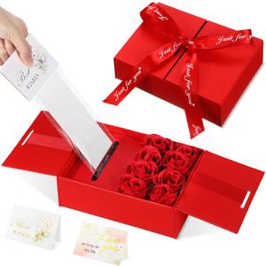 Resholder Money Pull Box for Cash Gift Graduation Money Pull out Gifts with 8 Rose 2 Greeting Card 1 Light String for Teacher Husband Wife Birthday Anniversary Christmas(Red)