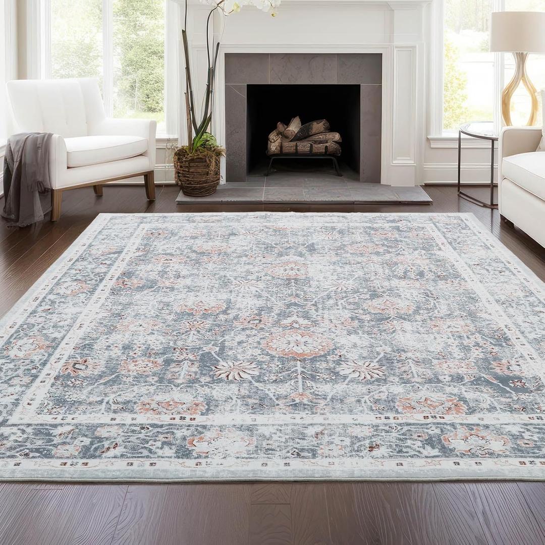 LIMON HOME Living Room 6x9 Rug Machine Washable Boho Velvety Soft Area Rug Non Slip Vintage Thick Large Carpet for Dorm, Bedroom, Farmhouse, Dining Room, Kids Playroom,Grey and Coral