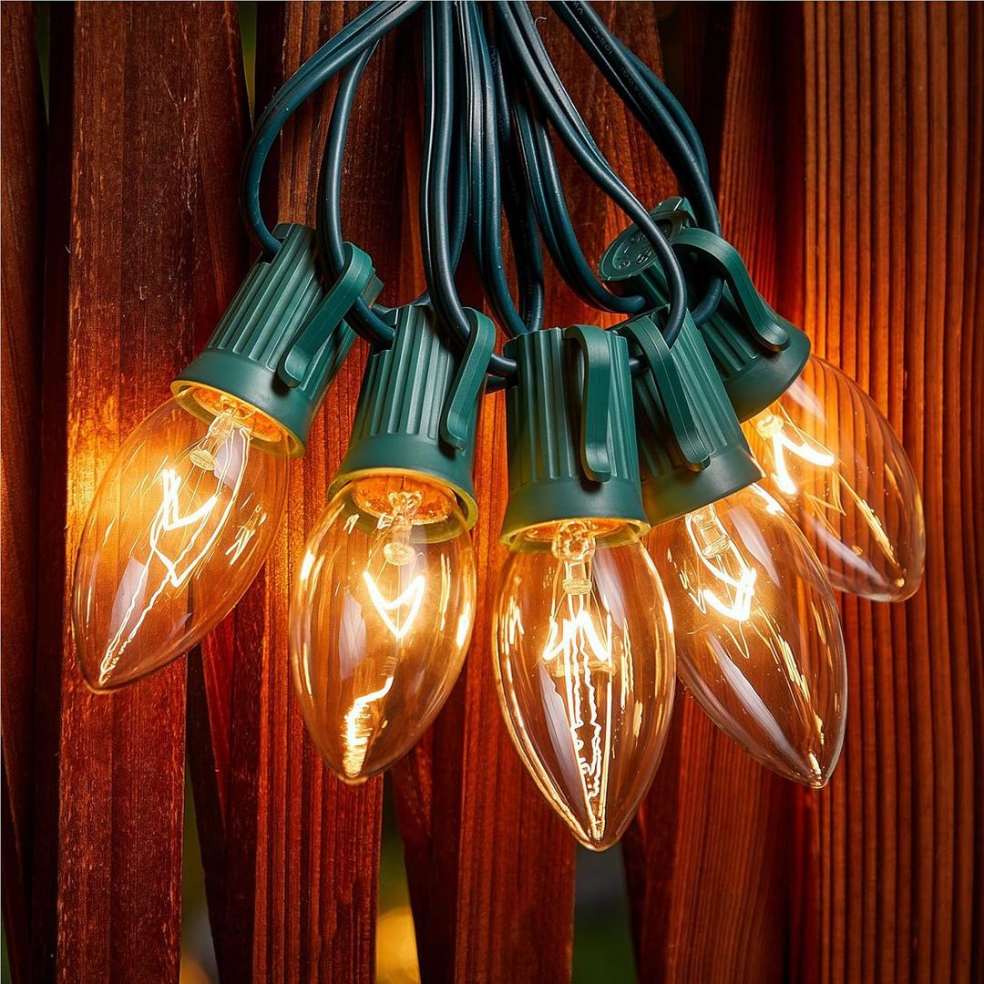 Minetom C9 Clear Christmas String Lights, 50FT 50 Bulbs Bright & Warm Outdoor Christmas Lights, Long Life C9 String Lights for Tree Patio Gazebo Wreath, Green Wire