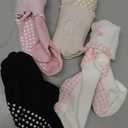 Jeyiour 4 Pairs Cute Pilates Grip Socks for Women, Ruffle Non Slip Crew Grippy Yoga Socks with Bow for Gym Ballet Barefoot (Black/White/ Pink/Beige)