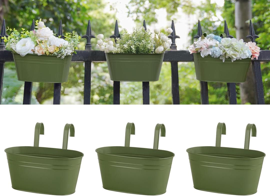Dahey 10.5 Inch Metal Iron Hanging Flower Pots for Railing Fence Hanging Bucket Pots Countryside Style Outdoor Planter Window Flower Plant Holder with Detachable Hooks Home Decor,Green,3 Pcs