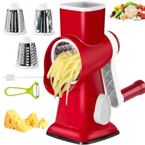 Eleko Meyar Cheese Grater with Handle, Multifunctional Manual Rotary Cheese Grater - Cheese Shredder Easily Chop Carrots, Potatoes, Vegetables and Fruits and Easy to Clean(red)