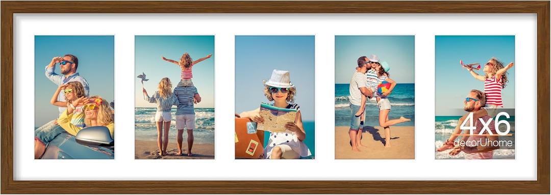 decorUhome 8x24 Picture Frames Collage Wall Decor, Display 5Pcs 4x6 Photos with Mat or 1Pcs 8x24 Unmatted, 5 4x6 Collage Picture Frames for Wall Mounting, Brown