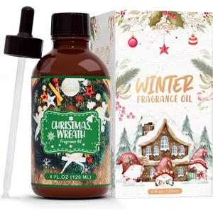 Christmas Wreath Fragrance Oil 4 Fl Oz, Undiluted Winter Essential Oil with Glass Dropper for Diffuser, Humidifier, House Cleaning,Spray,Soap Making,Candle Making,Yoga,Long Lasting Scents