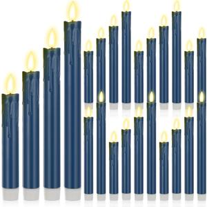 Macarrie 24 Pcs Blue Flameless Taper Candles LED Battery Operated 6.5'', 7.7'', 8.8'', 10'' 3D Flickering Flame Candlesticks Drip Wax Shaped Candles for Wedding Decor
