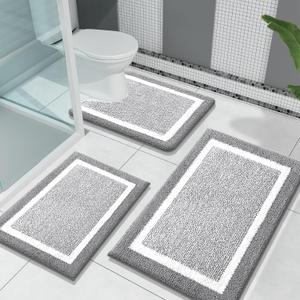 OLANLY Bathroom Rugs Sets 3 Piece, Soft Absorbent Microfiber Bath Mats and U-Shaped Contour Toilet Rug, Home Decor Accessories, Non-Slip, Bath Mat Set for Bathroom (30"x20"+24"x16"+24"x20", Grey)