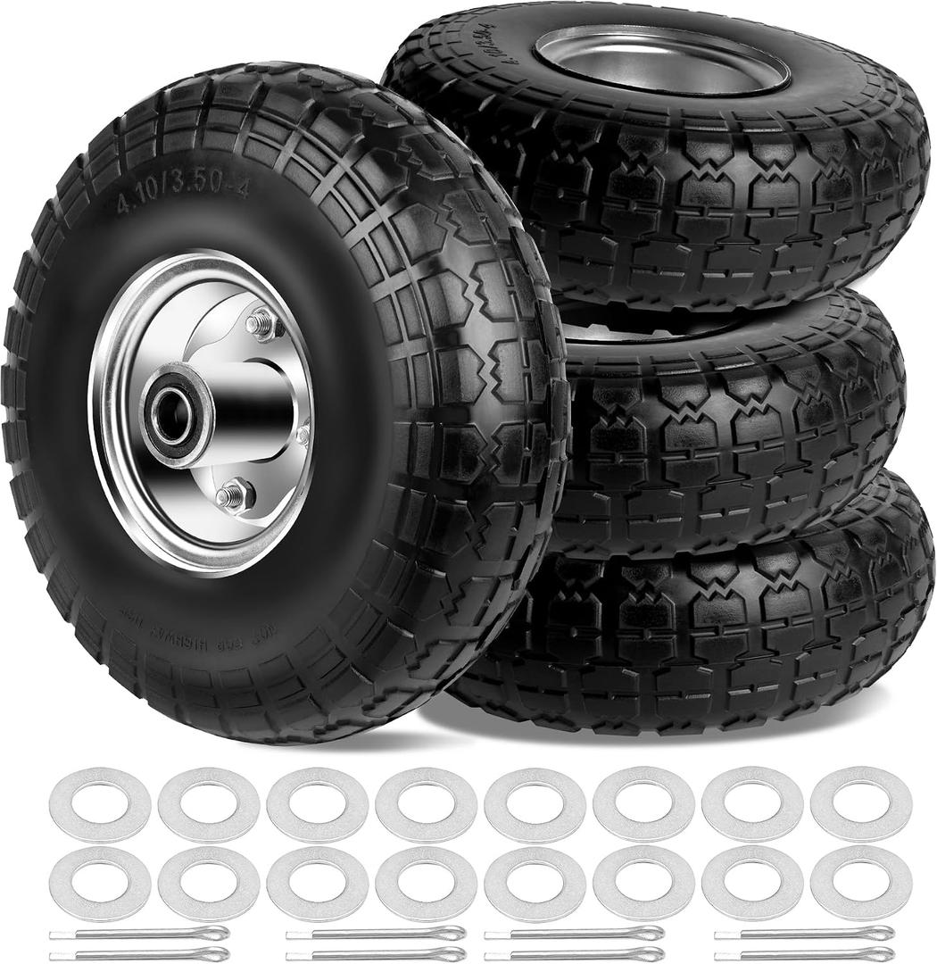 4.10/3.50-4 Tires and Wheels Flat Free 10 Inch Solid Tires Replacement with 5/8" Axle Bore Hole, 16 Spacers 8 Pins, for Cart, Garden Wagon, Wheelbarrow, Hand Truck, Trolley, Lawn Mower 4P