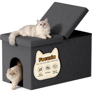 3-in-1 Cat Litter Box Enclosure with Odor Control, Multi-Functional Hidden Litter Box Furniture Bench, Dog Proof, Space-Saving Ottoman Cabinet with Flip-Up Lid, Storage Footrest, Dark Grey