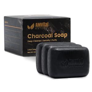 AMVital Natural Charcoal Soap Bar Set - 3-Pack Plant-Based Face & Body Soap for Daily Use - Deep-Cleansing Bar Soap for All Skin Types - Vegan Gift Set for Men & Women