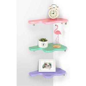 Menkxi Cute Wavy Corner Shelf Wall Mount, Set of 3 Wood Floating Cloud Corner Wall Shelves with Cord Hole Wall Danish Pastel for Bedroom Living Room Bathroom Kitchen