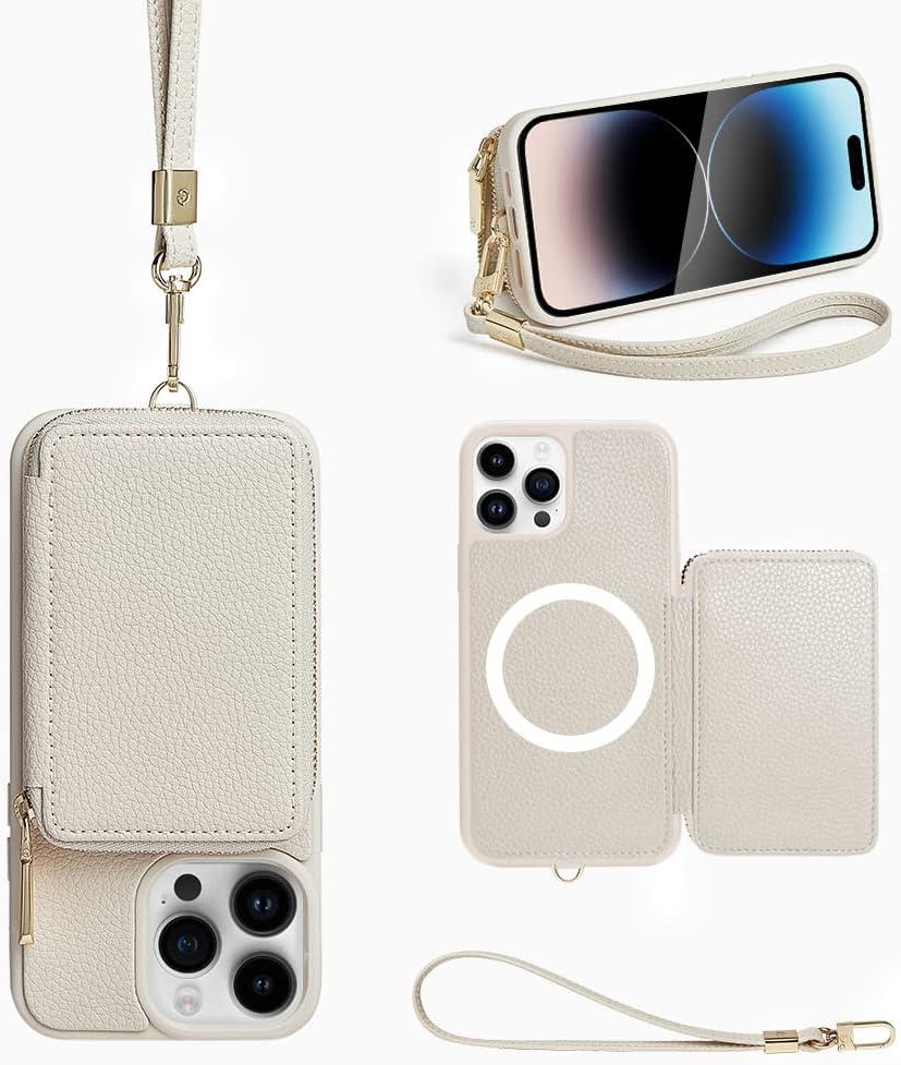 ZVE Wireless Wallet Case for iPhone 15 Pro Max, Zipper Leather RFID Cards Holder Slots Case with Magnetic Wireless Charging, Protective Cover for iPhone 15 Pro Max 6.7" (2023) 