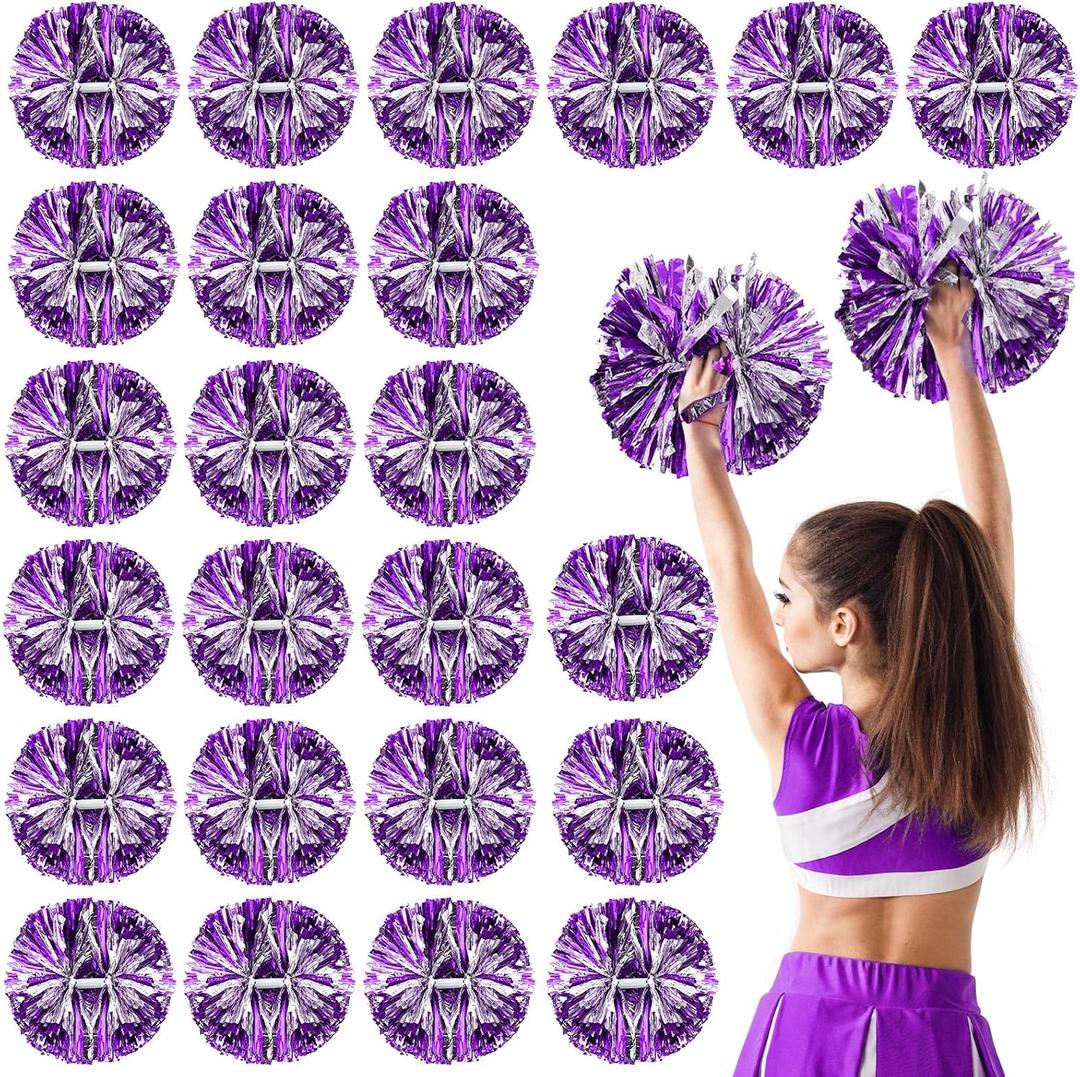 Yunsailing 24 Pack Cheerleading Pom Poms with Baton Handle 14.5 Inch Metallic Cheering Squad Pompoms for Team Sports Football Dance Cheering Adults(Purple and Silver)