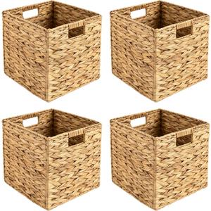12 Inch Storage Basket Set, 4-Pack Water Hyacinth Woven Baskets, Foldable Cube Storage Bins for Home Organization, Storage Cube Organizers