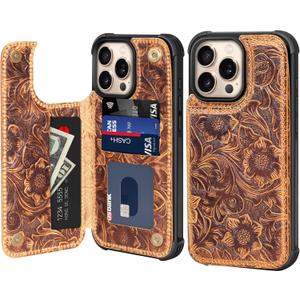Wallet Real Leather Case Compatible with iPhone 14 Pro Max 6.7" Genuine LeatherShockproof, Anti-Fall Case, Flip Cover, with Card Slot, Double Magnetic Buckle, Kickstand, Durable Brown