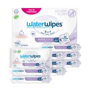 WaterWipes Plastic-Free Soothing Clean 99% Water Based Botanical Baby Wipes, Unscented & Hypoallergenic for Sensitive Skin, 12 Resealable Packs (720 Wipes)