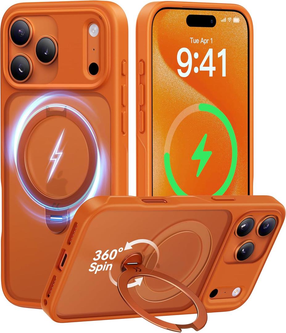 CASEKOO Orange for 17 Pro Case with 360 Spin Magnetic Stand [Camera Protection] [18FT Military Grade Protection] [Fit for MagSafe] Ring Grip Slim Matte 17 Pro Case 6.3 Inch