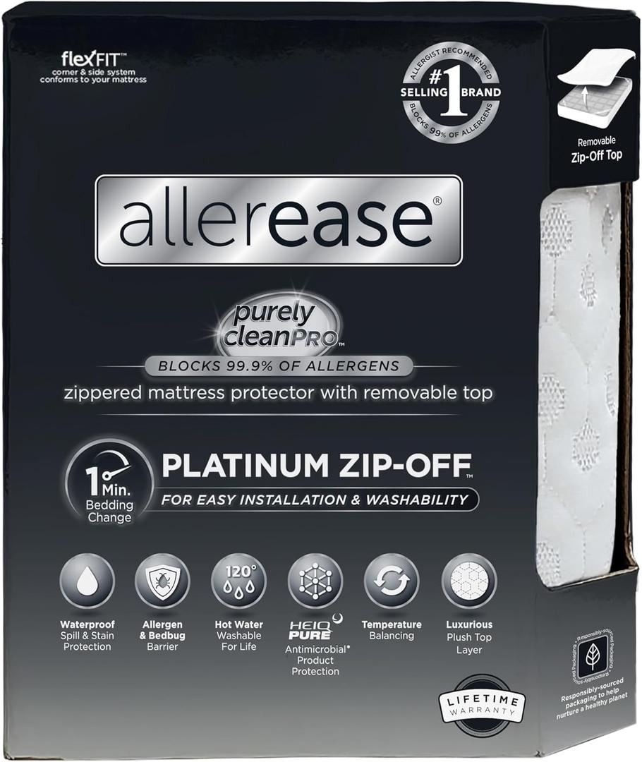 AllerEase Platinum Zip-Off Top Waterproof Mattress Protector King 360 Degree Zipper Particle Barrier Temperature Balancing Luxurious Plush Top Separately Machine Washable Mattress Cover (White)