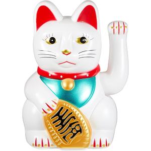 Chunful 6 Inch Lucky Cat Waving Arm Maneki Neko Lucky Beckoning Feng Shui Wealth Cat for Welcoming Fortune Wealth Prosperity Decoration, Battery Not Included(White Color)