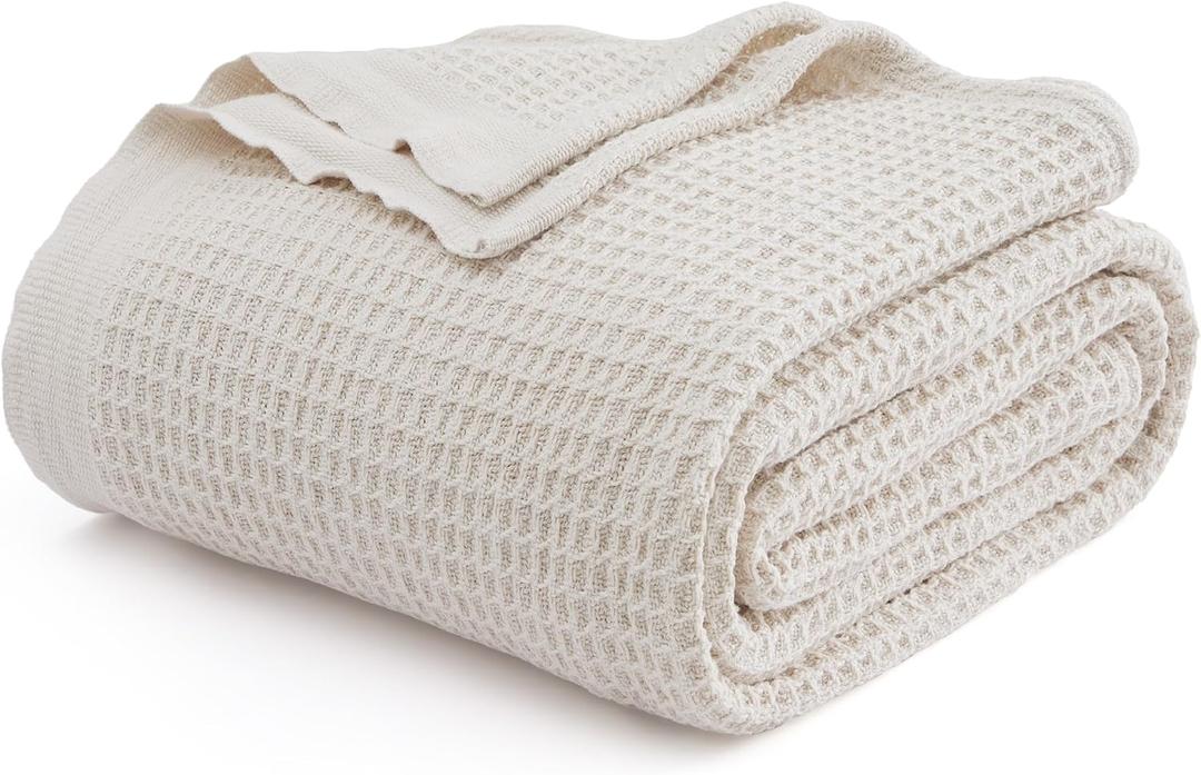 Bedsure 100% Cotton Blanket King Size for Bed - Breathable and Soft, Waffle Weave Blanket for Summer Spring, Light Beige, 104x90 inches (King (104" x 90"), 00 - Light Beige)