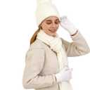 Double Couple 3pcs Winter Women scarf and hat and Touch Screen Gloves Set for Women Knit Hat with Faux Fur Ball Scarves Glove (White)