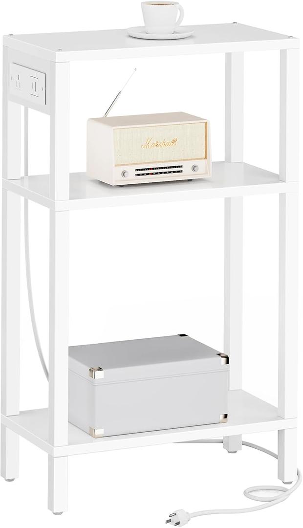 TUTOTAK Narrow Side Table with Charging Station,Small End Table with USB Ports and Outlets, Skinny Sofa Table, Slim Nightstand, Living Room, Bed Room, White TB01BW079 (3-Tier7.9"D x 15.8"W x 26"H)