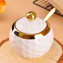 WHJY Ceramic Sugar Bowl with Lid and Spoon, Golf Design Porcelain Salt Bowl Salt Container, Modern Spice Box Seasoning Jar for Home and Kitchen Coffee Bar - White