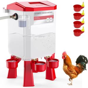 Float-Controlled Automatic Chicken Waterer, Blue Chicken Waterer with 4 Water Cups 13Ft Hose, Poultry Water Feeder for Duck, Quail, Geese, Chicken Supplies, 2 Gallons (Red)