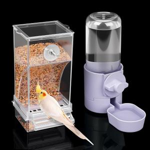 No Mess Bird Feeder Water Dispenser Set, Bird Feeder for Cage, Cage Accessories for Cockatiels, Finches, Budgies and Canaries (Purple)